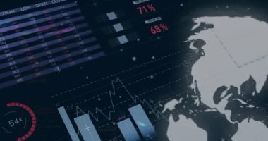 Tüm dünyada şema ve veri işleme animasyonları. Küresel teknoloji ve dijital arayüz konsepti dijital olarak oluşturulmuş video.