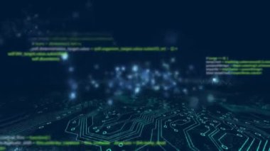 Mavi arkaplan üzerindeki veri işleme ve bağlantıların animasyonu. Teknoloji ve dijital arayüz kavramı dijital olarak oluşturuldu.