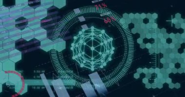 İstatistikler üzerinden dijital veri işleme animasyonu. Dijital olarak oluşturulmuş küresel bağlantılar, hesaplama ve veri işleme kavramı.