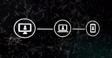 Siyah arkaplandaki simgelerle bağlantı ağının animasyonu. Küresel teknoloji, bağlantılar ve dijital arayüz konsepti dijital olarak oluşturulmuş video.