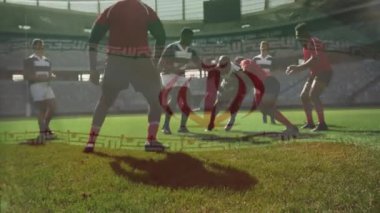 Sahadaki çeşitli ragbi oyuncuları üzerinde İran bayrağı animasyonu. Küresel spor, rekabet, bilgisayar ve veri işleme kavramı dijital olarak oluşturulmuş video.