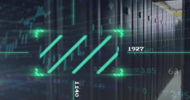 Sunucu odasında veri işleme ve tarama animasyonu. Teknoloji ve dijital arayüz kavramı dijital olarak oluşturuldu.