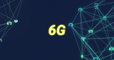 6G metnin üzerindeki simgelerle bağlantı ağının animasyonu. Teknoloji ve dijital arayüz kavramı dijital olarak oluşturuldu.