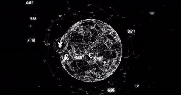 Animatie Van Wereldbol Van Verbindingen Met Valuta Symbolen Gegevensverwerking Zwarte — Stockvideo
