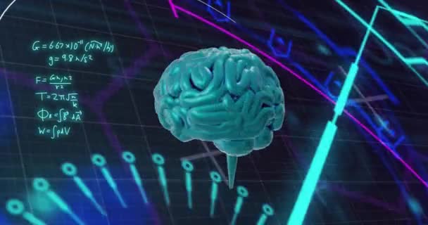 Анимация Математических Уравнений Светящихся Сканеров Над Мозгом Черном Фоне Коннект — стоковое видео