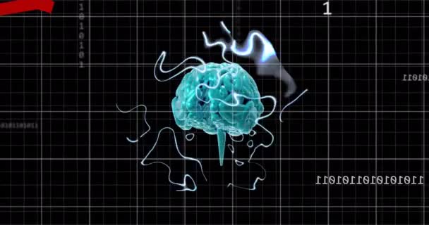 Animation Von Gehirn Binärcodierung Und Digitaler Datenverarbeitung Auf Schwarzem Hintergrund — Stockvideo