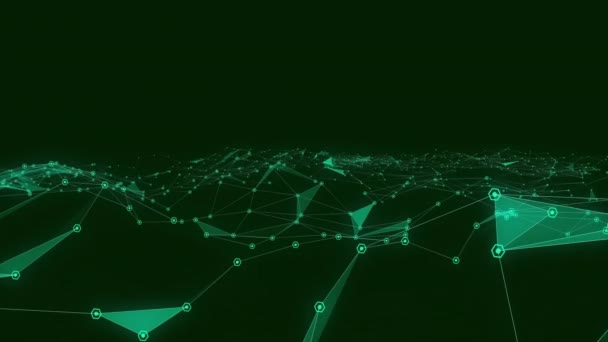 Animaatio Hehkuva Vihreä Verkon Yhteyksiä Mustalla Taustalla Yhteys Verkko Data — kuvapankkivideo
