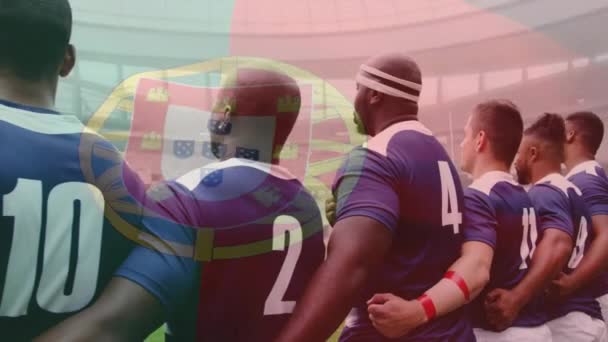 Animatie Van Vlag Van Portugal Diverse Rugbyspelers Het Veld Wereldwijd — Stockvideo