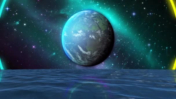 Анимация Красочных Форм Над Планетой Воды Небе Звездами Космос Планеты — стоковое видео