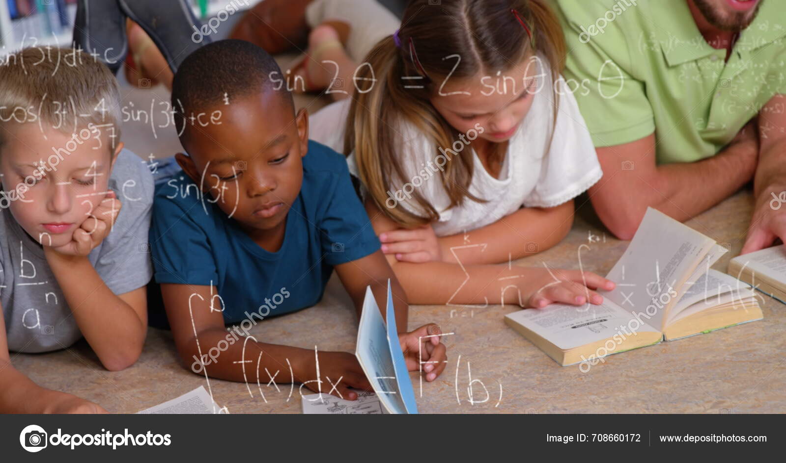 Image Math Formulas Diverse Children Reading Books School Learning ...