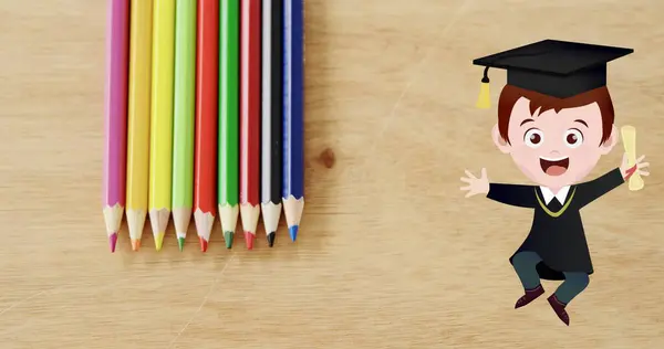 デスクの上に色鉛筆を移動する興奮する学校のボーイのイメージ 研究の概念デジタル生成された画像 — ストック写真