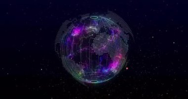 Siyah arkaplandaki dünya ile bağlantı ağının animasyonu. Küresel bağlantılar, hesaplama ve dijital arayüz kavramı, dijital olarak oluşturulmuş video.