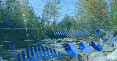 Nehirle peyzaj üzerinde finansal veri işleme animasyonu. Küresel çevre, finans, iş dünyası, bağlantılar, hesaplama ve veri işleme kavramı, dijital olarak oluşturulmuş video.