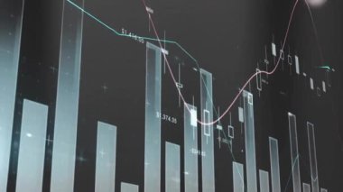 İstatistikler üzerinden dijital veri işleme animasyonu. Küresel bağlantılar, hesaplama ve veri işleme kavramı, dijital olarak oluşturulmuş video.