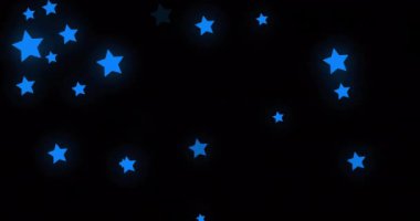 Siyah arka planda parlayan mavi yıldızların animasyonu. Işık, renk ve hareket konsepti, dijital olarak oluşturulmuş video.