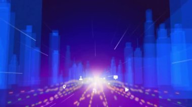 Sosyal medya simgelerinin dijital şehirde siyah arka planda ışık izleri üzerinde canlandırılması. Şekiller, şablon ve arkaplan konsepti, dijital olarak oluşturulmuş video.