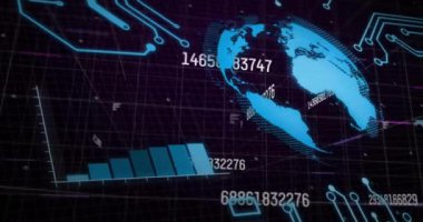 Finansal veri işleme animasyonları siyah arkaplan üzerinde dünya çapında. Küresel finans, işletme, bağlantılar, hesaplama ve veri işleme kavramı, dijital olarak oluşturulmuş video.
