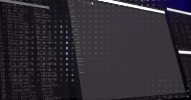 Siyah arkaplan üzerinde dijital veri işleme animasyonu. Küresel bağlantılar, hesaplama ve veri işleme kavramı, dijital olarak oluşturulmuş video.