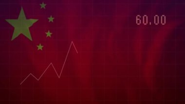 Çin bayrağı üzerinde finansal veri işleme animasyonu. Küresel finans, işletme, bağlantılar, hesaplama ve veri işleme kavramı, dijital olarak oluşturulmuş video.