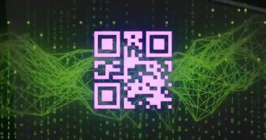 qr kodunun animasyonu ve dijital veri işleme ikili kodlaması. Küresel siber güvenlik, bağlantılar, hesaplama ve veri işleme kavramı, dijital olarak oluşturulmuş video.