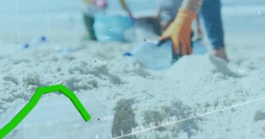 Sahilde geri dönüşüm yapan farklı insanlar üzerinde finansal veri işleme animasyonu. Küresel çevre, finans, iş dünyası, bağlantılar, hesaplama ve veri işleme kavramı, dijital olarak oluşturulmuş video.