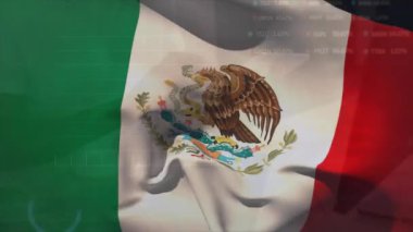 Meksika bayrağı üzerinde finansal veri işleme animasyonu. Küresel finans, işletme, bağlantılar, hesaplama ve veri işleme kavramı, dijital olarak oluşturulmuş video.
