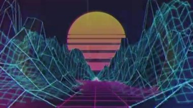 Güneşin animasyonu ve metaevren desenli arka plan. Küresel dijital arayüz, iletişim, hesaplama ve veri işleme kavramı, dijital olarak oluşturulmuş video.
