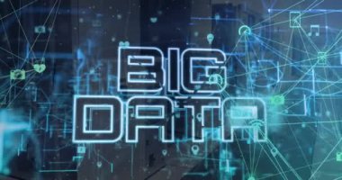 Sunucu odasındaki simgeler ve büyük veri metinleriyle bağlantı ağının animasyonu. Küresel teknoloji, bilgisayar ve dijital arayüz kavramı, dijital olarak oluşturulmuş video.