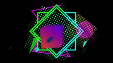 Siyah arkaplanda renkli şekillerin canlandırılması. Şekiller, şablon ve arkaplan konsepti, dijital olarak oluşturulmuş video.