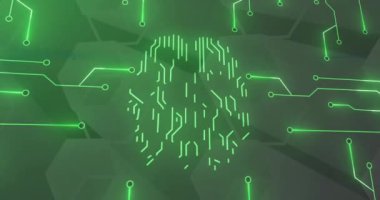 Bilgisayar devresi ve ai beyni üzerinde dijital veri işleme animasyonu. Küresel yapay zeka, bağlantılar, hesaplama ve veri işleme kavramı, dijital olarak oluşturulmuş video.