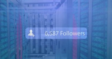 Takipçilerin sunucu odasında giderek artan sayılarda metnin canlandırılması. Küresel teknoloji, bilgisayar ve dijital arayüz kavramı, dijital olarak oluşturulmuş video.