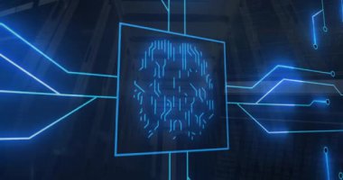 Bilgisayar devresi ve ai beyni üzerinde dijital veri işleme animasyonu. Küresel yapay zeka, bağlantılar, hesaplama ve veri işleme kavramı, dijital olarak oluşturulmuş video.