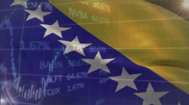 Bosna-Hersek bayrağı üzerinde mali veri işleme animasyonu. Küresel finans, işletme, bağlantılar, hesaplama ve veri işleme kavramı, dijital olarak oluşturulmuş video.