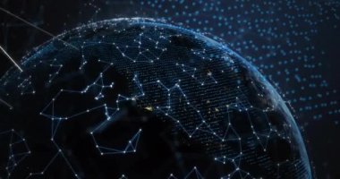 Siyah arkaplandaki dünya ile bağlantı ağının animasyonu. Küresel bağlantılar, hesaplama ve dijital arayüz kavramı, dijital olarak oluşturulmuş video.