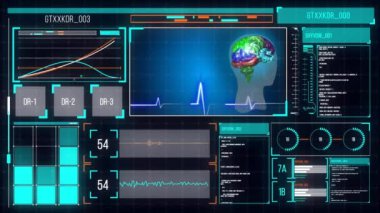 Ekranlarda insan beyni ve dijital veri işleme animasyonu. Küresel bilim, bağlantılar, hesaplama ve veri işleme kavramı, dijital olarak oluşturulmuş video.