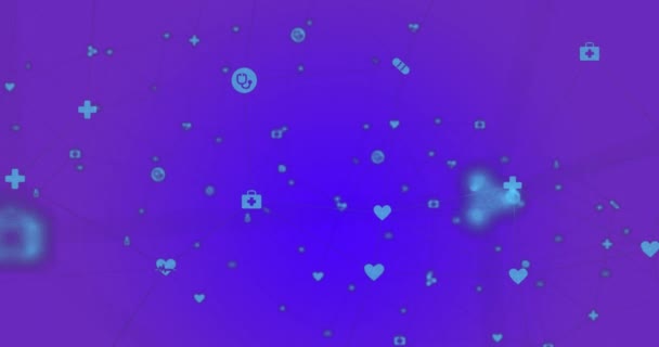 青い背景の医療アイコンとの接続のネットワークのアニメーション グローバル医療 デジタルインターフェースコンセプト デジタル生成ビデオ — ストック動画