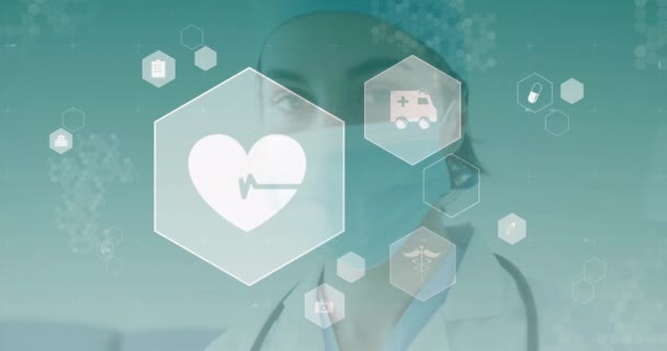 마스크에 코카서스 의사에 아이콘의 애니메이션 서비스 코로나 바이러스 디지털 인터페이스 — 비디오