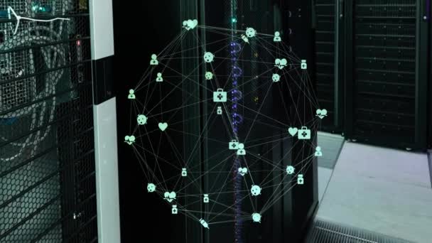 Анімація Глобусу Мережі Язків Піктограмами Над Комп Ютерними Серверами Концепція — стокове відео