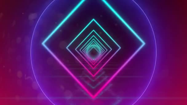 紫色の背景にカラフルなネオン形状のアニメーション コミュニケーション レトロ未来のコンセプト デジタル生成されたビデオ — ストック動画