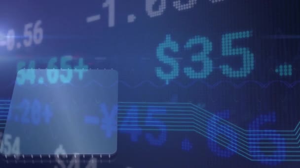 Animação Processamento Dados Financeiros Sobre Fundo Azul Conceito Finanças Globais — Vídeo de Stock