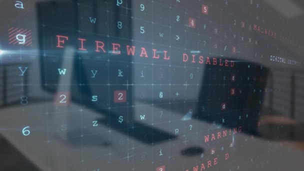 Animering Cyberattack Varning Med Databehandling Över Tomt Kontor Global Teknik — Stockvideo