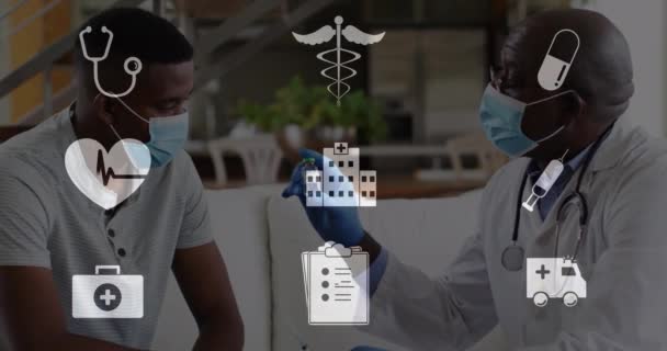Afro Amerikalı Erkek Doktor Hasta Aşıyı Tartışırken Tıbbi Ikonların Canlandırılması — Stok video
