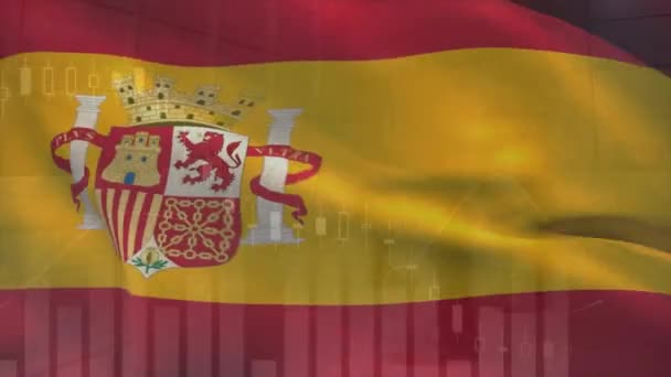 Animacja Przetwarzania Danych Finansowych Nad Banderą Hiszpanii Finansowanie Globalne Biznes — Wideo stockowe