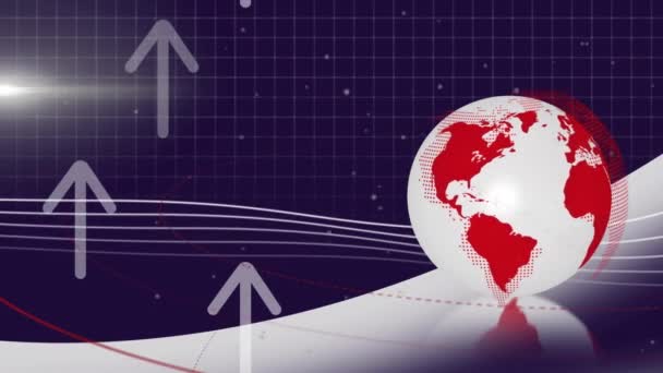 Animatie Van Globe Pijlen Zwarte Achtergrond Vormen Patroon Achtergrond Concept — Stockvideo