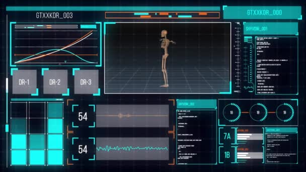 在屏幕上动画人体骨骼和数字数据处理 全球科学 计算和数据处理概念 数字生成视频 — 图库视频影像