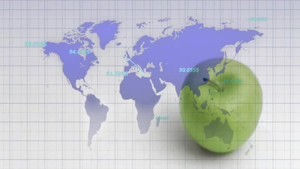 Animering Världskarta Och Databehandling Över Sprutan Med Nålstick Äpple Globalt — Stockvideo