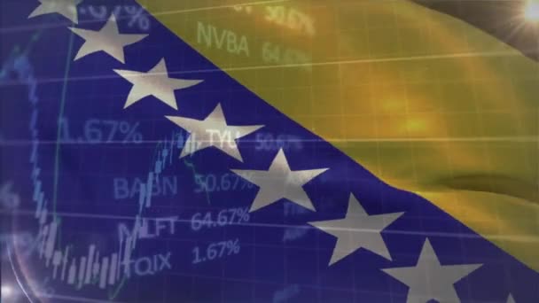 Анимация Обработки Финансовых Данных Над Флагом Боснии Герцеговины Глобальные Финансы — стоковое видео