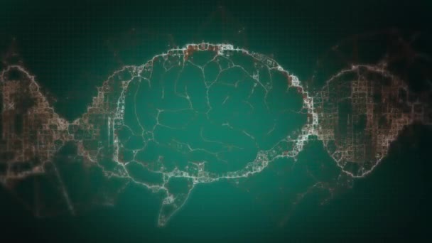 人間の脳とDnaが緑色の背景の上に座っている様子 グローバルサイエンス コネクション コンピューティング データ処理コンセプト デジタル生成ビデオ — ストック動画