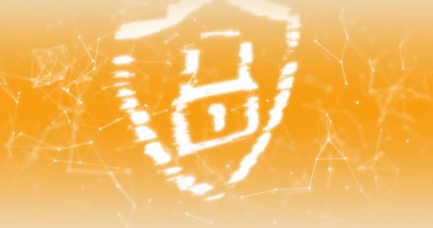 Animacja Ikony Kłódki Siecią Połączeń Pomarańczowym Tle Koncepcja Globalnej Technologii — Wideo stockowe
