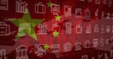 Çin bayrağı üzerinde iş simgeleri ve finansal veri işleme animasyonları. Küresel finans, işletme, bağlantılar, hesaplama ve veri işleme kavramı, dijital olarak oluşturulmuş video.